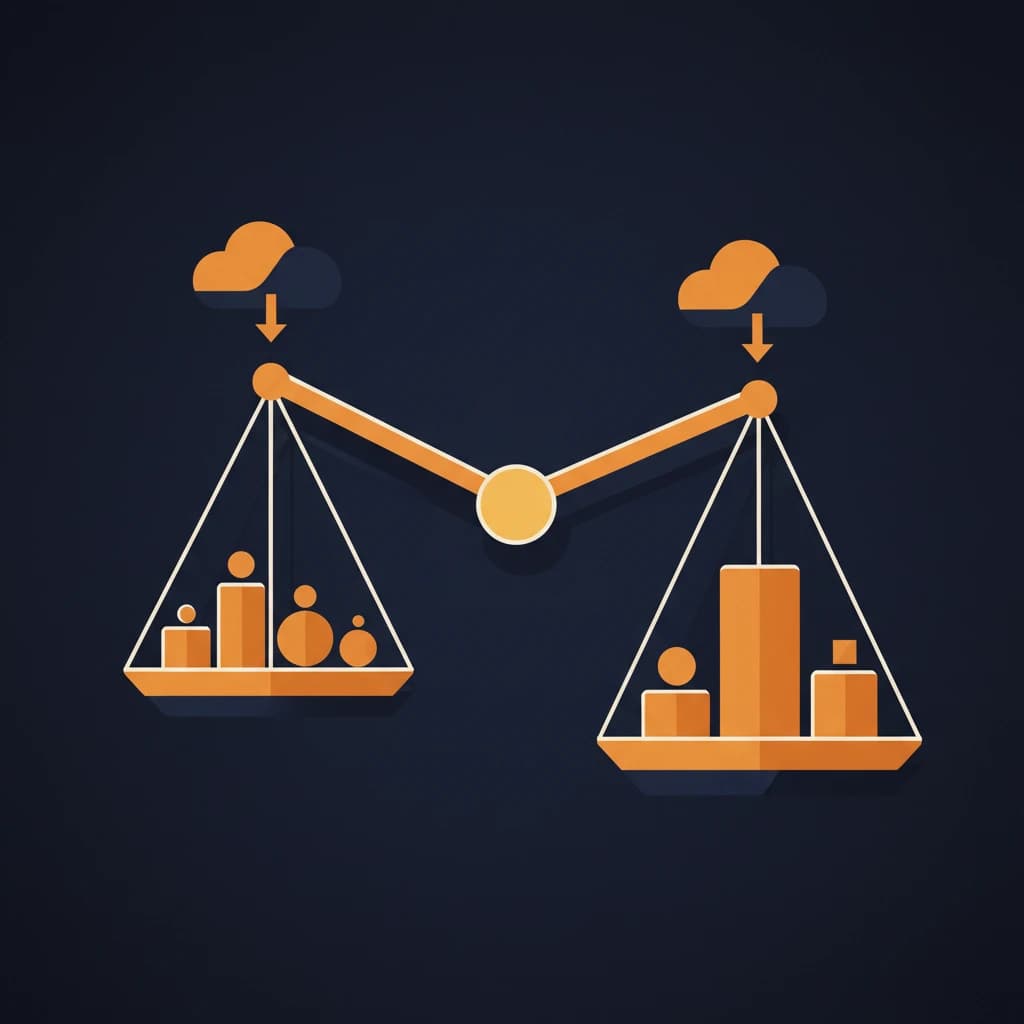 Orange and dark gray scale balancing data, with clouds and arrows indicating data flow.