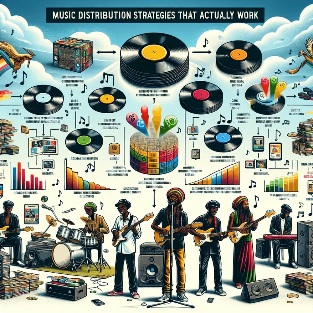 Infographic showing music distribution strategies with vinyl records, charts, and musicians playing instruments.