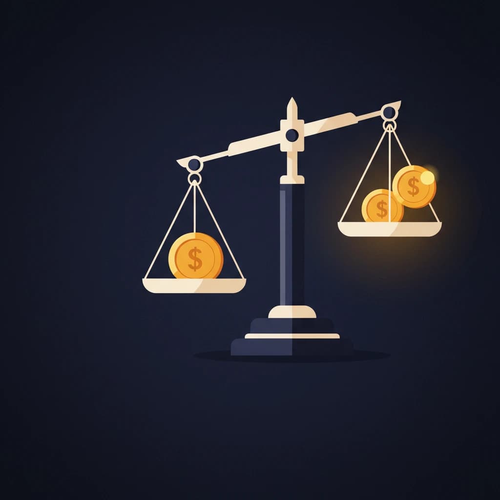 Balance scale with one gold coin on the left and three glowing gold coins on the right, tilting the scale.