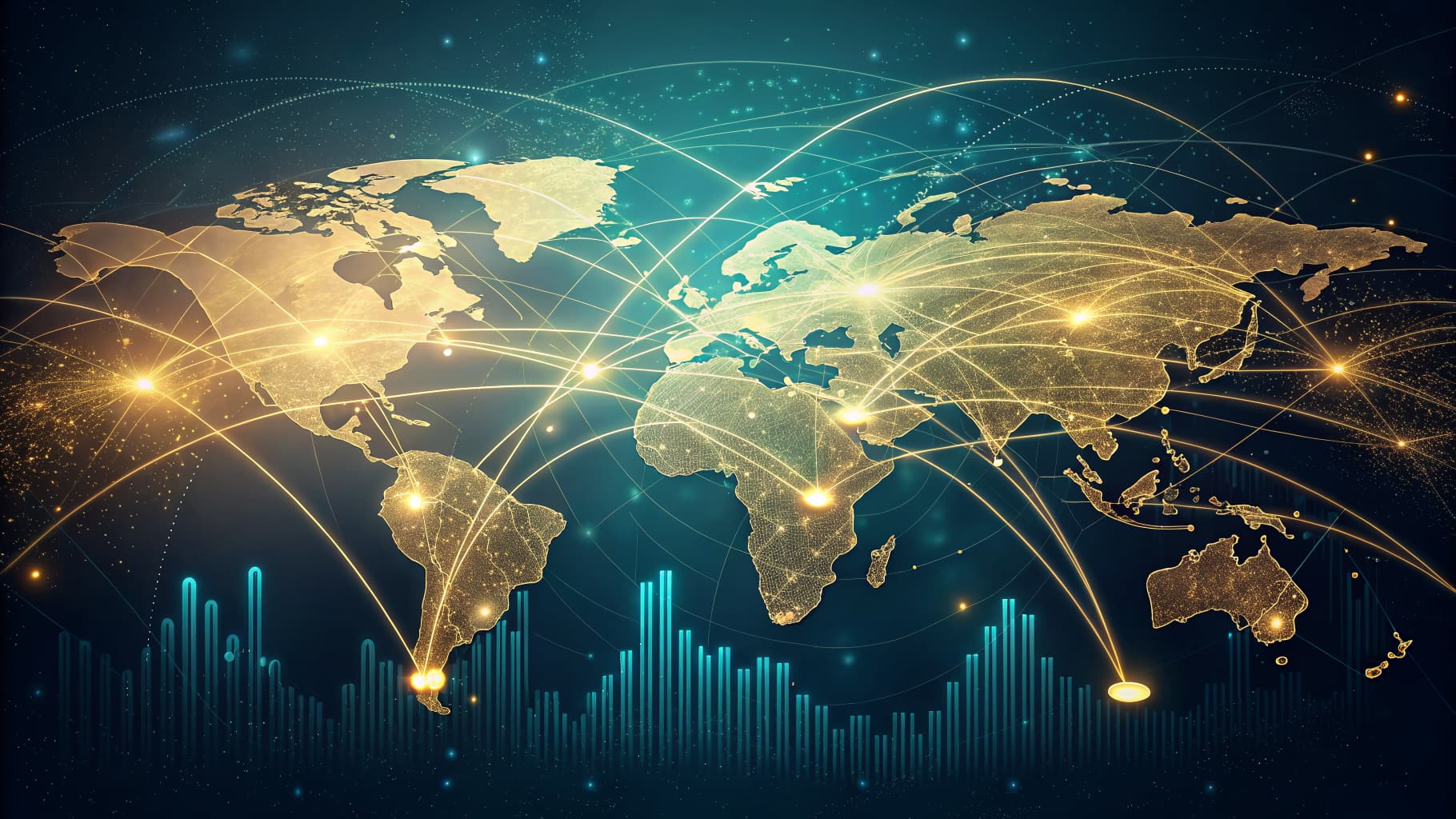 Golden world map with glowing connection lines and blue bar graphs at the bottom.