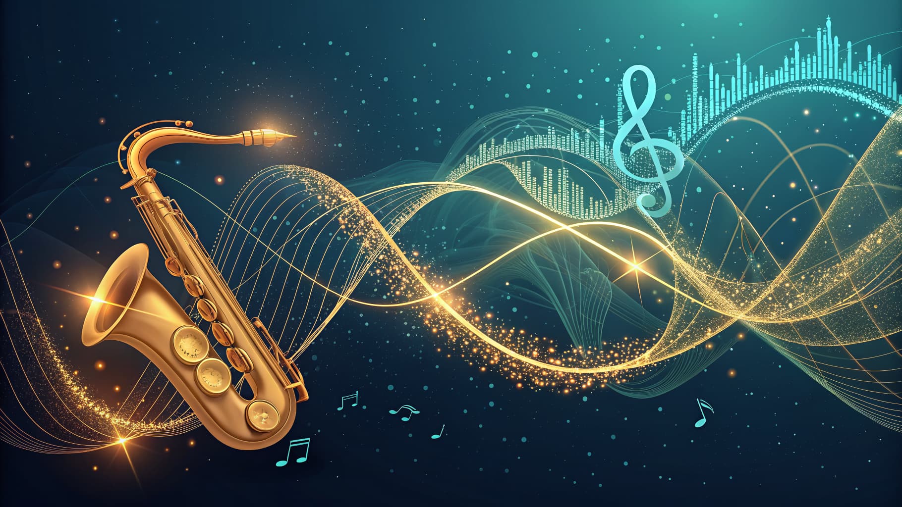 Golden saxophone with glowing musical notes and sound waves on a dark blue background.