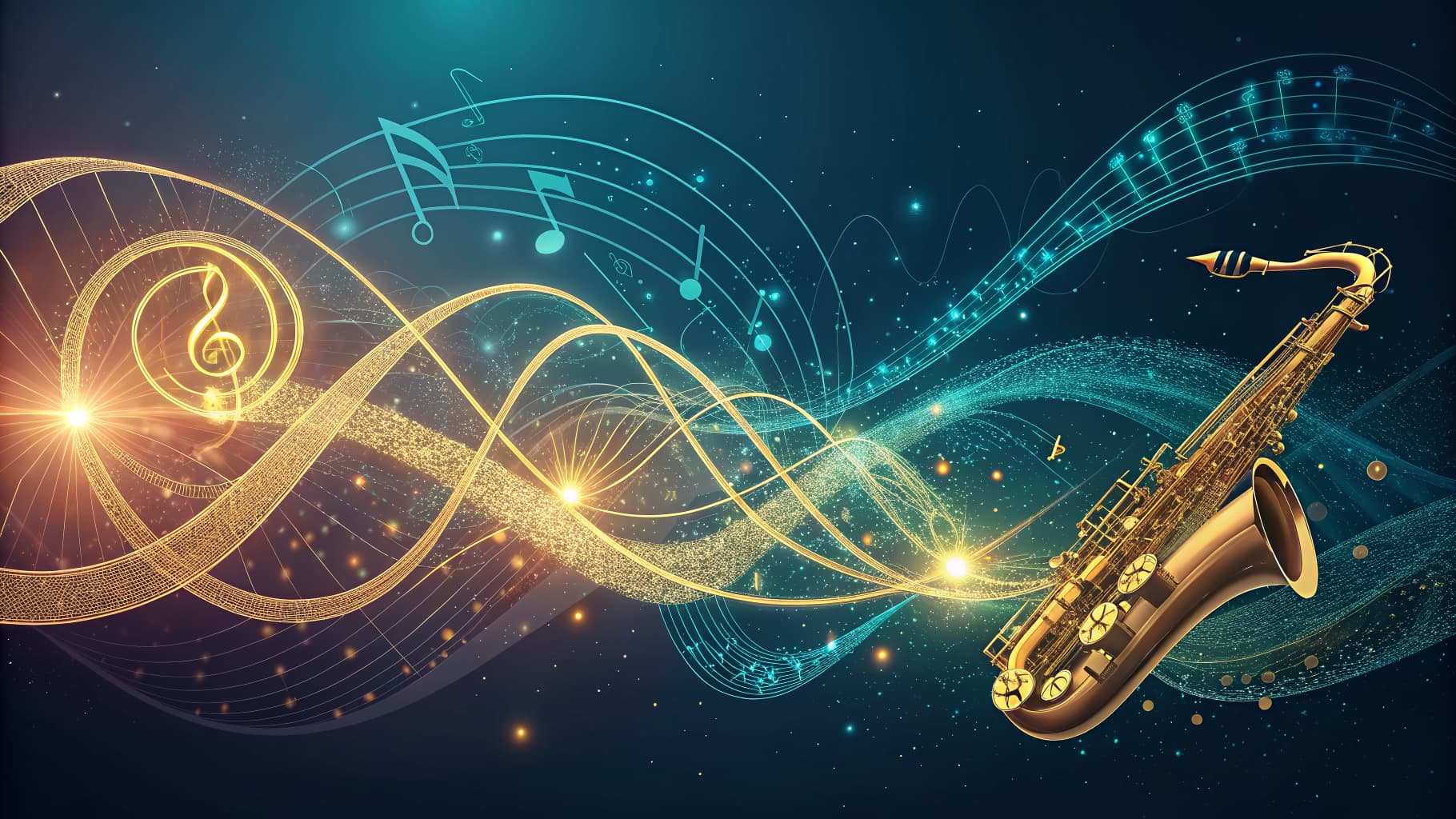 Golden saxophone with glowing musical notes and flowing light trails on a dark blue background.