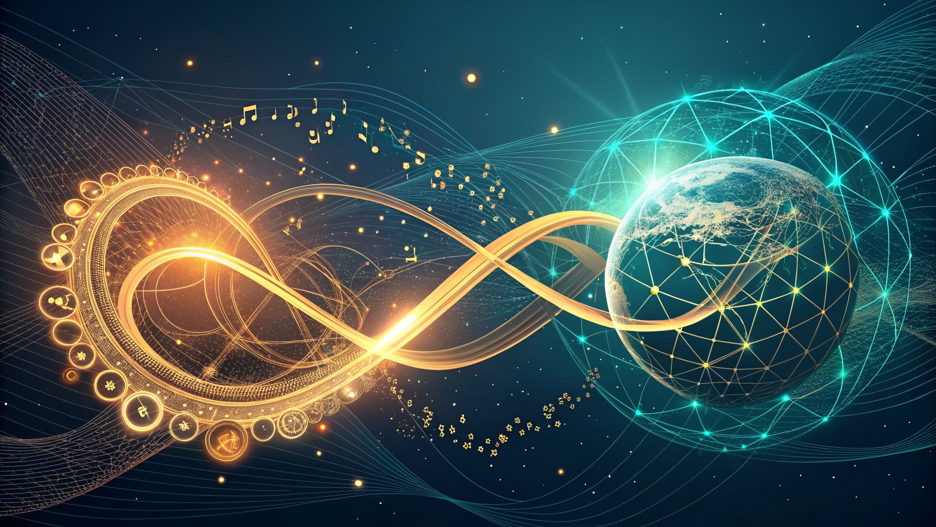 Glowing golden infinity symbol with music notes and icons, connected to a wireframe Earth globe.