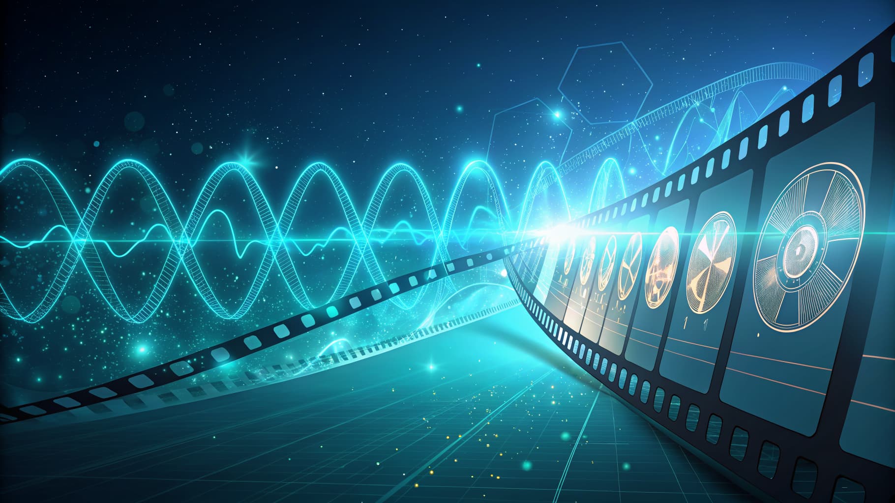 Film strip with glowing audio waves and light streaks on a dark blue background.