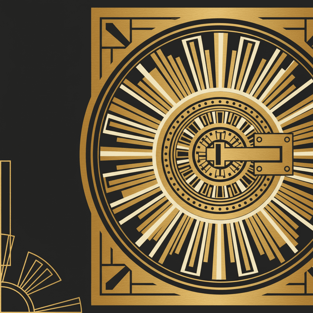 Art Deco style gold and black geometric pattern with a large circular design resembling a vault door.