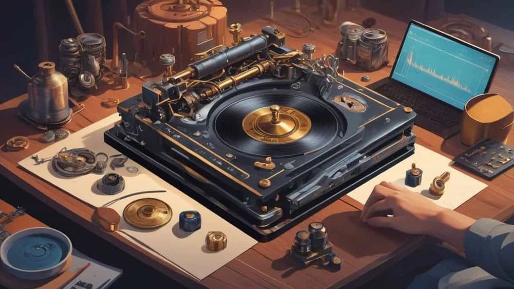Steampunk-style record player with gold accents on a workbench, surrounded by tools, parts, and a laptop displaying a