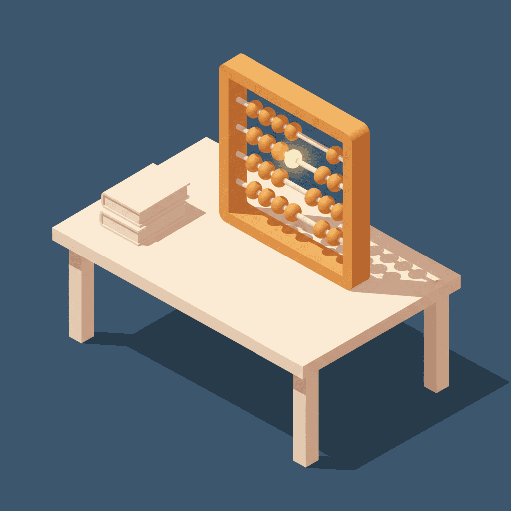 Isometric view of an abacus with one glowing bead and a stack of books on a light-colored table.