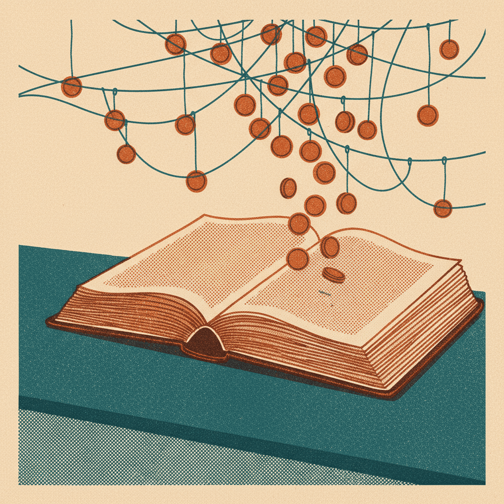 Open book on a table with coins falling into it from a network of strings and hanging coins above.
