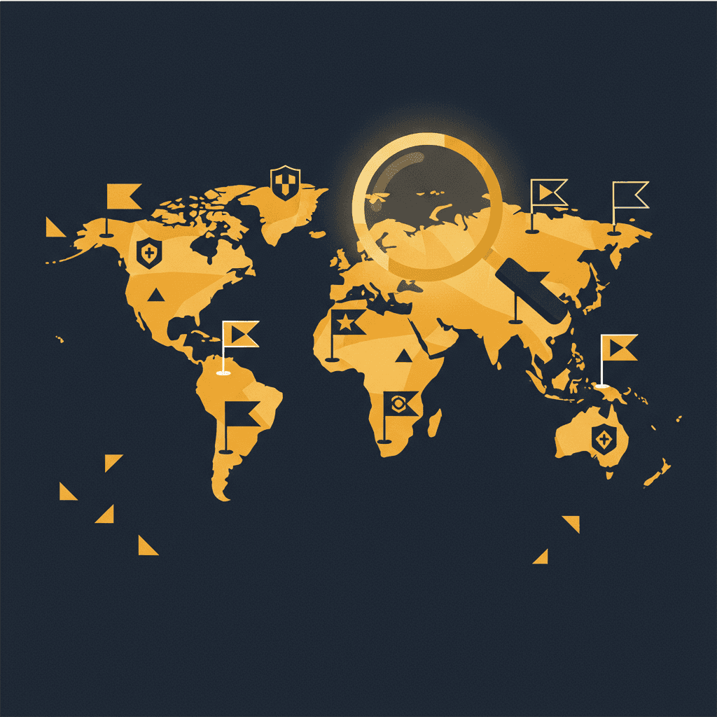 Golden world map with a magnifying glass over Europe, flags, and shield icons on a dark background.