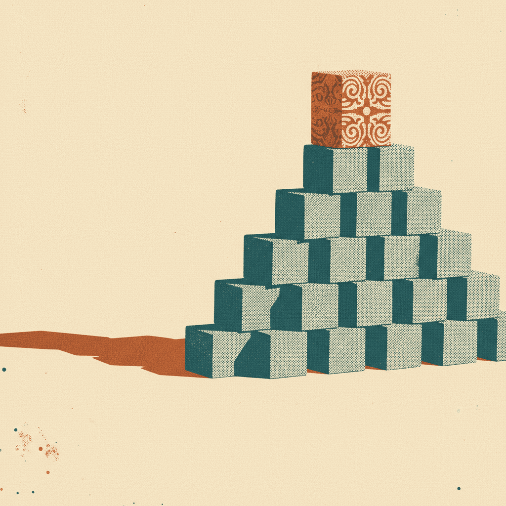 Pyramid of teal blocks with a patterned orange block on top, casting a long shadow.